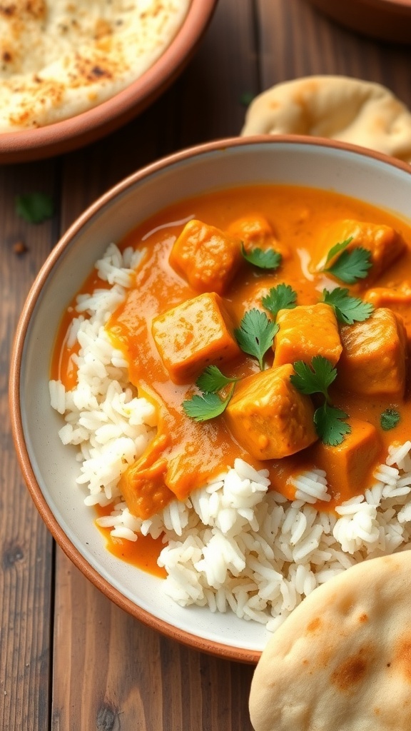 Slow Cooker Butter Chicken Recipe Creamy butter chicken with rice and naan, garnished with cilantro.
